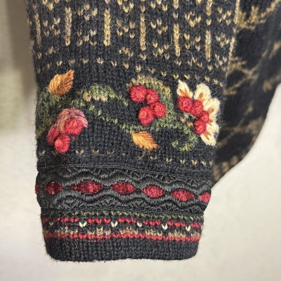 Vintage Icelandic Design Sweater Jacket Large Black Wool Zip Floral Cardigan 00s - Picture 7 of 12
